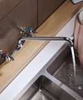 Beefy Workhorse Wall Mount Kitchen Faucet With 8 Inch Swivel Spout Dual Handle Chrome Industrial Mixer Tap shown in use
