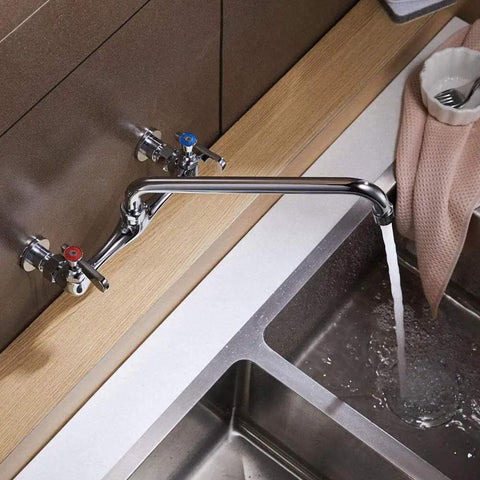 Beefy Workhorse Wall Mount Kitchen Faucet With 8 Inch Swivel Spout Dual Handle Chrome Industrial Mixer Tap shown in use