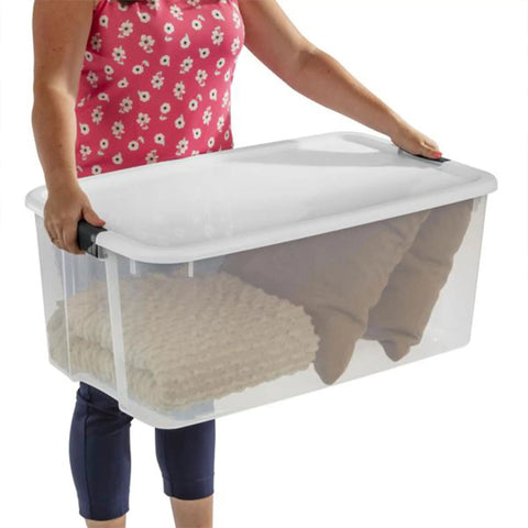 Ultra Latching Storage Boxes 4 Pack Clear 116 Quart With Lids shown with blankets inside, plastic see-through design