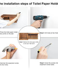 Installation steps of Wooden Toilet Paper Holder Wall Mount With Shelf Farmhouse Bathroom Storage Rack with tools shown.