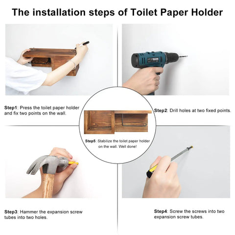 Installation steps of Wooden Toilet Paper Holder Wall Mount With Shelf Farmhouse Bathroom Storage Rack with tools shown.