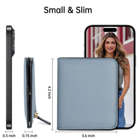 Women’s Slim Leather Wallet With RFID Protection shown next to smartphone for size comparison, compact bifold in blue finish.