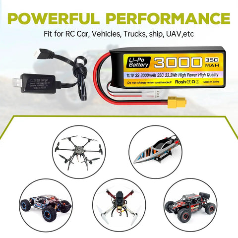 3S 11.1V 3000mAh 35C RC Battery with XT60 plug, USB charging cable, shown with RC car, drone, and quadcopter images.