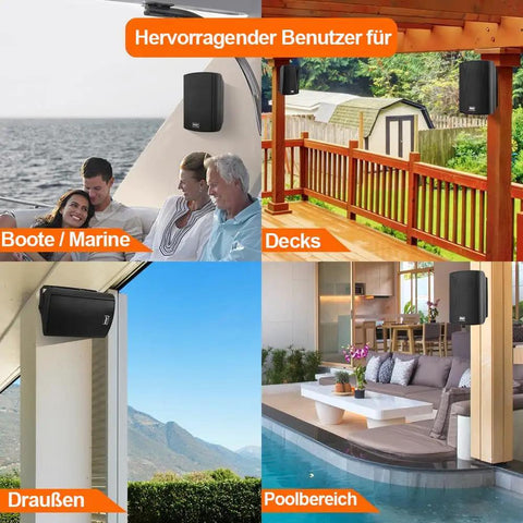 Boomin 6.5 Inch Wall Mount Bluetooth Speaker System For Indoor Outdoor Use With Built In Amplifier, installed in various locations.