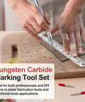 Kick Your DIY Projects Up A Notch With This Heavy Duty Tungsten Carbide Scriber Set Featuring Six Engraving Pens Extra Tips And Steel Ruler For Dead Accurate Marking On Glass Metal Wood Leather in use on glass.