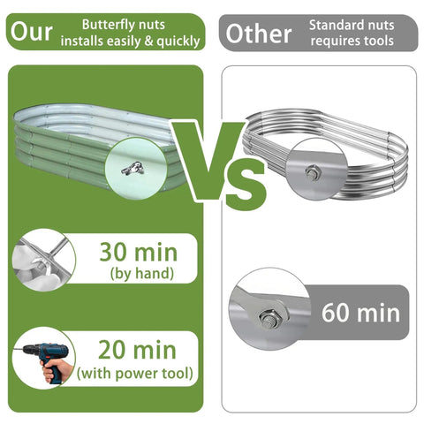 Comparison of Two Pack Raised Garden Bed Kits 4x2x1 Ft Green Oval Galvanized Metal Planter Beds showing assembly time differences.