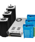 3x NEMA 23 stepper motors with shafts, 350W 24V power supply and blue driver modules for CNC control