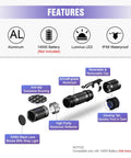 Breakdown of 365 Nanometer UV Black Light Flashlight With IP68 Waterproof Build features, including aluminum body and lens details.