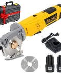 VlOXO Electric Rotary Fabric Cutter With Lightning Fast 2000Rpm Blade, cordless tool with battery and accessories for quilting and crafts.