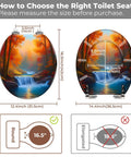 Toilet Seat Round Resin for Bathroom, size guide with measurements for round and elongated styles, vibrant nature design.