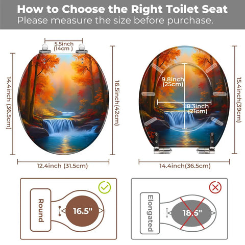 Toilet Seat Round Resin for Bathroom, size guide with measurements for round and elongated styles, vibrant nature design.