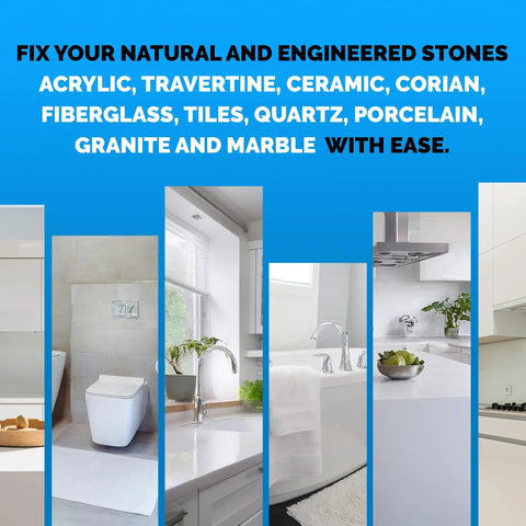 All-In-One Countertop Repair Kit For Quartz And Other Surfaces With Three Colors And Polisher Easy DIY Fix For Chips On Granite Acrylic Fiberglass Porcelain Tile And Ceramic featuring various surfaces in bathroom and kitchen.
