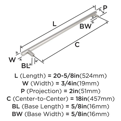 Diagram of polished nickel appliance bar pull with 18-inch center-to-center measurement, showing dimensions and details.