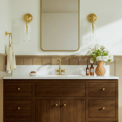 Brushed Gold 2-Handle 4 Inch Centerset Bathroom Faucet With Drain Deck Plate And Supply Hoses Sets In Modern Bath Space