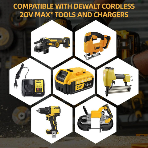 Rugged 6.0Ah 20 Volt Rechargeable Battery 2 Pack Compatible With DeWalt Power Tools And Fast Chargers Replace DCB206 DCB205 with tools