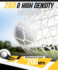 Close-up of golf ball caught in netting for Ten By Seven Foot Golf Practice Net With Mat Noise Reducing Target 5 Balls 4 Sandbags Tee And Carry Bag Built Tough For Backyard Garage Indoor Driving And Chipping Net.