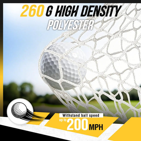 Close-up of golf ball caught in netting for Ten By Seven Foot Golf Practice Net With Mat Noise Reducing Target 5 Balls 4 Sandbags Tee And Carry Bag Built Tough For Backyard Garage Indoor Driving And Chipping Net.