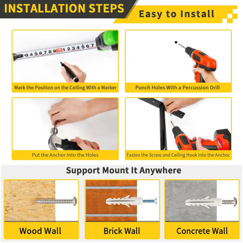 Installation steps for Overhead Garage Storage Racks 4 Pack With Four Hooks, showing tools and materials used.