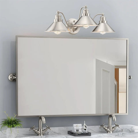 3 Light Modern Farmhouse Vanity Light With Funnel Shades In Brushed Nickel Finish, Industrial Gooseneck Wall Sconce For Bath