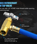Pro Grade AC Charge Hose With Gauge For R134A Car HVAC Refrigerant Recharge Kit showing brass can tap with hose connection