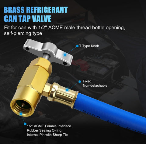 Pro Grade AC Charge Hose With Gauge For R134A Car HVAC Refrigerant Recharge Kit showing brass can tap with hose connection
