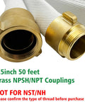 Close-up of brass couplings on One And A Half Inch Lay Flat Fire Hose Fifty Foot White Beefy Heavy Duty Industrial Water Hose