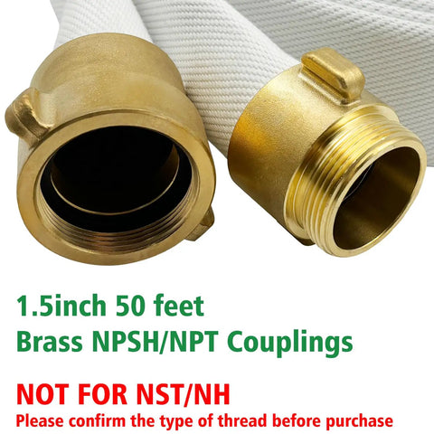 Close-up of brass couplings on One And A Half Inch Lay Flat Fire Hose Fifty Foot White Beefy Heavy Duty Industrial Water Hose