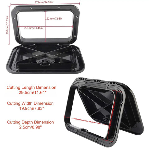 Heavy Duty Black Marine Boat Deck Access Hatch Cover With UV Stabilized ABS Lid and Low Profile Base dimensions displayed.