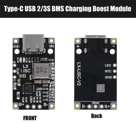 Slick Type C Usb 10 Pack 2S Bms Lithium Battery Charging Module Quickcharge Boost Power Supply 84V To 126V With Led Auto Adjust Indicator 15W Smooth Fast No Sweat Recharge front and back view of charging boost module