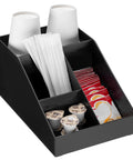 Coffee Station Organizer With 4 Compartments Perfect For Storing Coffee Pods Sugar Creamer Stirrers And Tea Bags On Your Office Or Kitchen Countertop For Quick Grab And Go Access And Neat Countertop Organization, black plastic holding cups and condiments