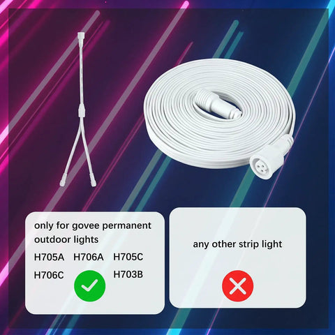 Heavy Duty All Season Extension Cable Set 6 Pack Featuring Three Y Branch Plugs And Three Sixteen Foot White Leads Plug And Play Ready For Govee H705 H706 Pro Outdoor Light Installations with splitters and roll.