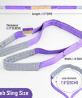 Two Pack 5 to 1 Safety Factor 1 Inch by 3.3 Foot Polyester Webbing Lifting Slings With Twisted Eye Ends 2204 Lb Working Load Limit Heavy Duty Cargo Hoist Strap Purple For Industrial Shop Hoisting shown with dimensions and details.