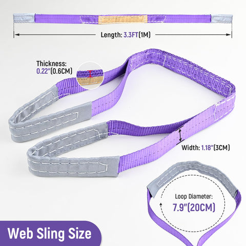 Two Pack 5 to 1 Safety Factor 1 Inch by 3.3 Foot Polyester Webbing Lifting Slings With Twisted Eye Ends 2204 Lb Working Load Limit Heavy Duty Cargo Hoist Strap Purple For Industrial Shop Hoisting shown with dimensions and details.