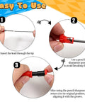 Tough As Nails Carpenter Pencil Set With Built In Sharpener And Extended Needle Nose Tip For Hard To Reach Spots And Deep Hole Making 6 Pack showing steps for use.