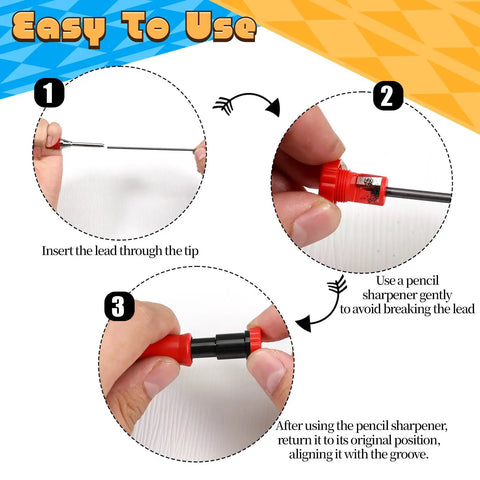 Tough As Nails Carpenter Pencil Set With Built In Sharpener And Extended Needle Nose Tip For Hard To Reach Spots And Deep Hole Making 6 Pack showing steps for use.