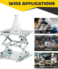 Acymner 8x8 in stainless steel lab lift stand with scissor mechanism and conical flask on top