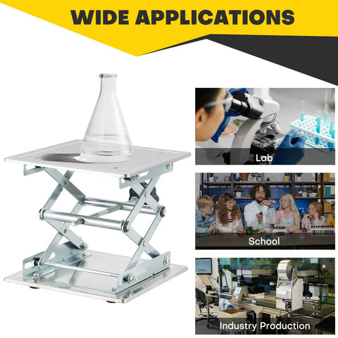 Acymner 8x8 in stainless steel lab lift stand with scissor mechanism and conical flask on top