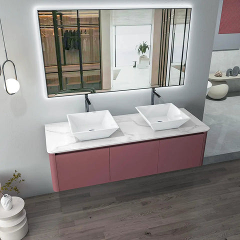 White Square Ceramic Countertop Vessel Sink For Bathroom 16 By 16 By 4.92 Inches Durable Ceramic With No Fuss Surface Mount Installation Sleek Modern Vanity Upgrade For A Fresh Look, in modern bathroom setup with dual sinks on marble top.