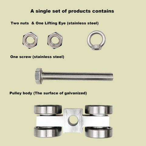Four Wheel Trolley Assembly With Super Silent Pulley And M10 Bolt Plus Lifting Eye Nut for 1-5/8 in Strut Channels, components laid out.