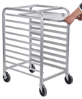 Mobile 10 Tier Bun Pan Rack With Wheels, Heavy Duty Aluminum Sheet Pan Rack holds a full-size pan, angled view