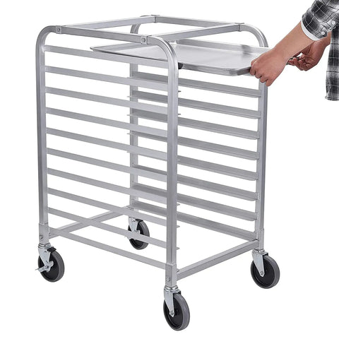 Mobile 10 Tier Bun Pan Rack With Wheels, Heavy Duty Aluminum Sheet Pan Rack holds a full-size pan, angled view