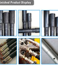 Heavy Duty Electric Hose Crimping Machine And Hydraulic Tube Neck Shrinking Tool With Ten Precision Dies For Rubber Pipe Clamping Press 220V No Sweat Grind Master finished product display showing various crimped connectors and hoses.