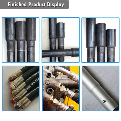 Heavy Duty Electric Hose Crimping Machine And Hydraulic Tube Neck Shrinking Tool With Ten Precision Dies For Rubber Pipe Clamping Press 220V No Sweat Grind Master finished product display showing various crimped connectors and hoses.