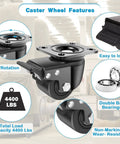 3 Inch Heavy Duty Caster Set Of 4 With Brakes For Industrial Use, highlighted features include 4400 lbs capacity, nylon construction, swivel, and locking mechanism.