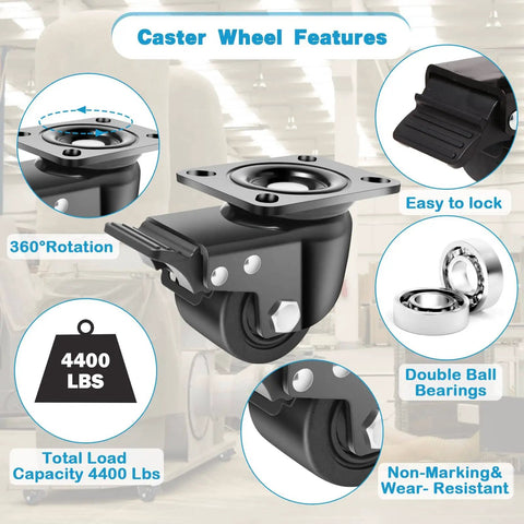 3 Inch Heavy Duty Caster Set Of 4 With Brakes For Industrial Use, highlighted features include 4400 lbs capacity, nylon construction, swivel, and locking mechanism.