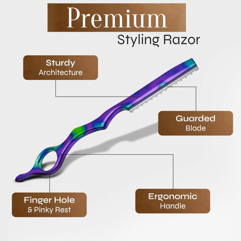 Professional Hair Cutting Razor Kit With Stainless Steel Feather Styling Blade and 11 Replacement Inserts for Pro Thinning, featuring ergonomic grip and guarded blade.