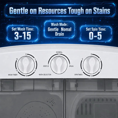 Easy Peasy Compact Portable Twin Tub Laundry Washer With Rapid Spin Cycle And Deep Soak Basin control panel showing wash and spin settings.