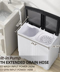 No Sweat Portable Twin Tub Washing Machine 20LB Mini Compact Laundry Set with built-in drain pump and dimensions.