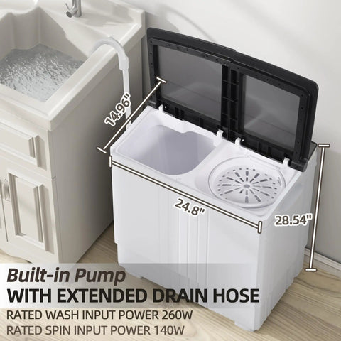 No Sweat Portable Twin Tub Washing Machine 20LB Mini Compact Laundry Set with built-in drain pump and dimensions.