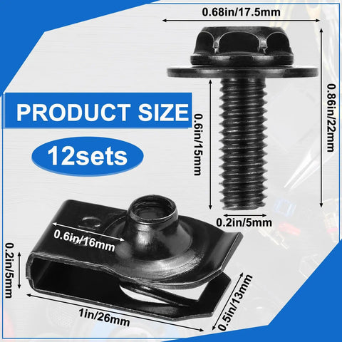 M6-1.0 Body Bolts And Extruded U Nut Clips Bulk Kit with size details for car panel modifications and fastener compatibility.